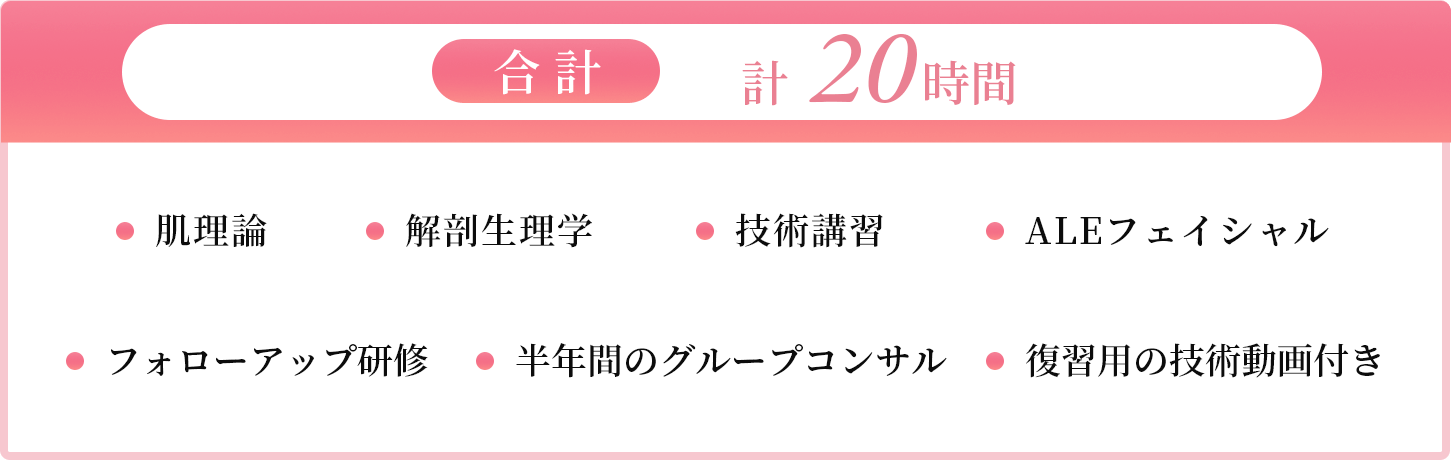 座学「合計20時間」・肌理論・解剖生理学・ALEフェイシャル・フォローアップ研修・半年間のグループコンサル・復習用の技術動画付き