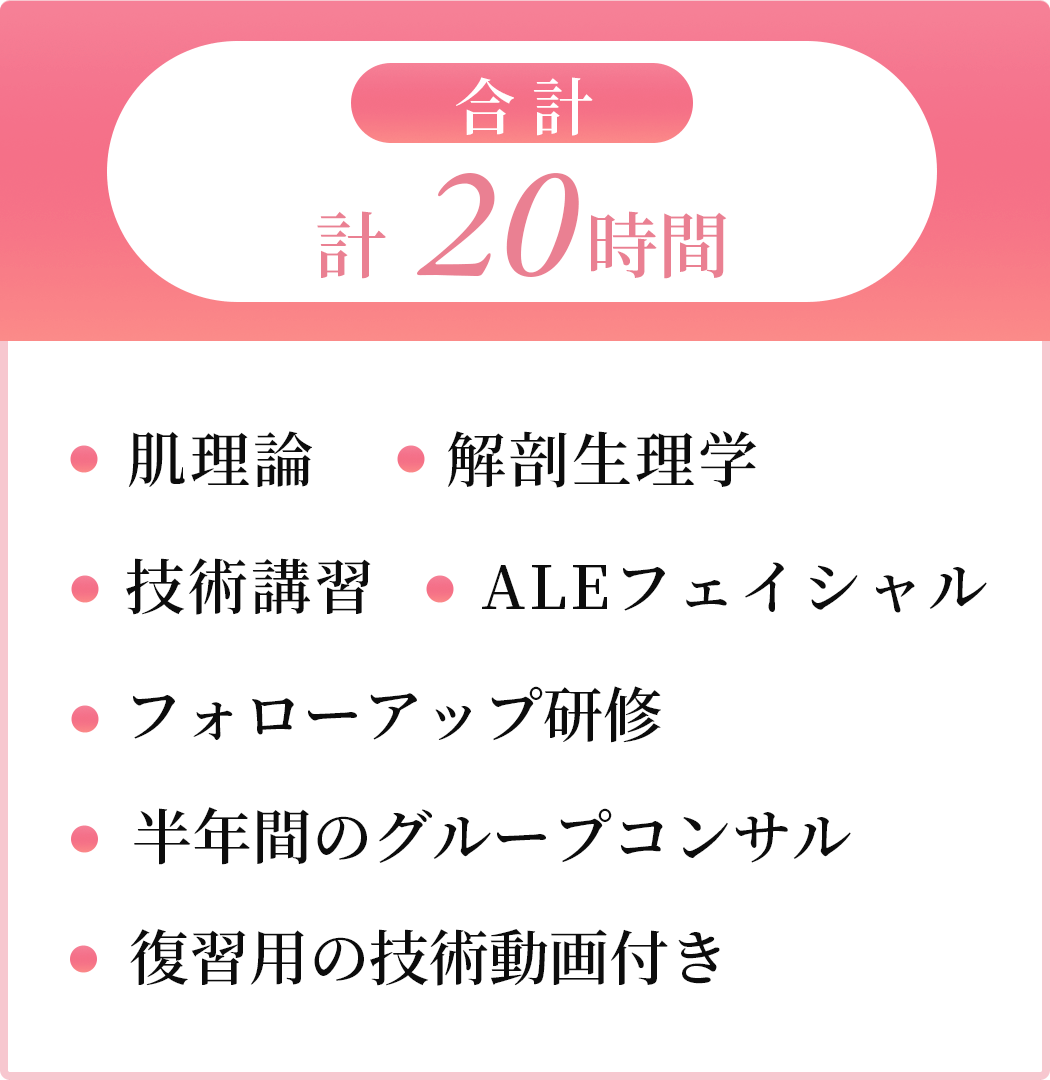 座学「合計20時間」・肌理論・解剖生理学・ALEフェイシャル・フォローアップ研修・半年間のグループコンサル・復習用の技術動画付き