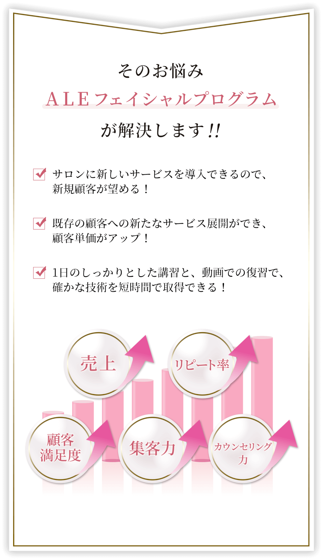 そのお悩みALEフェイシャルプログラムが解決します！！・サロンに新しいサービスを導入できるので、新規顧客が望める！・既存の顧客への新たなサービス展開ができ、顧客単価がアップ！・1日のしっかりとした講習と、動画での復習で、確かな技術を短時間で取得できる！「売上アップ」「リピート率アップ」「顧客満足度アップ」「集客力アップ」「カウンセリング力アップ」